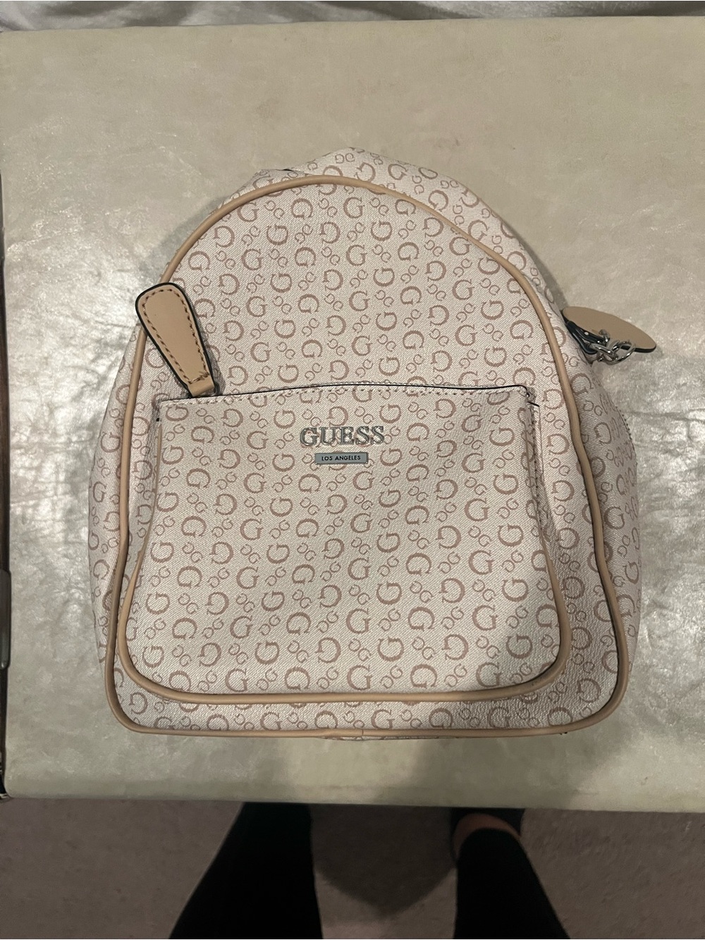 GUESS Cream Monogram Backpack with Beige Trim